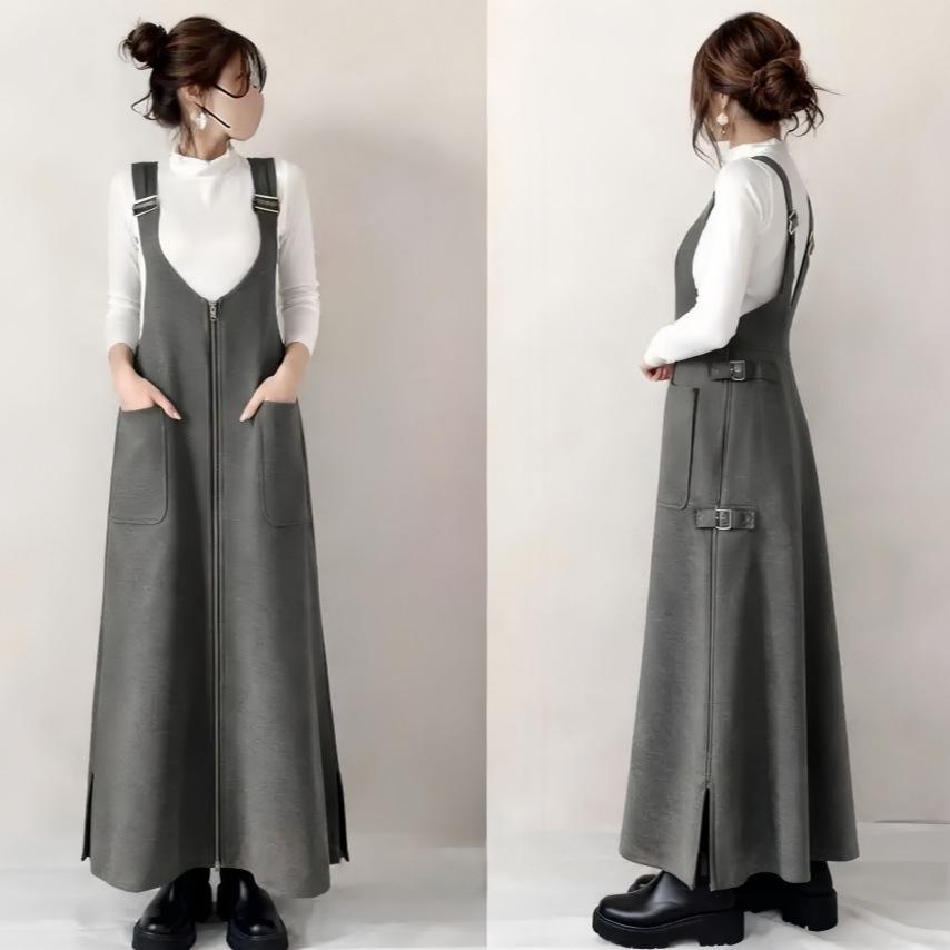 

Spring 26 Wool V-neck Camisole Dress with Pockets and Zipper - Japanese Style Small серый