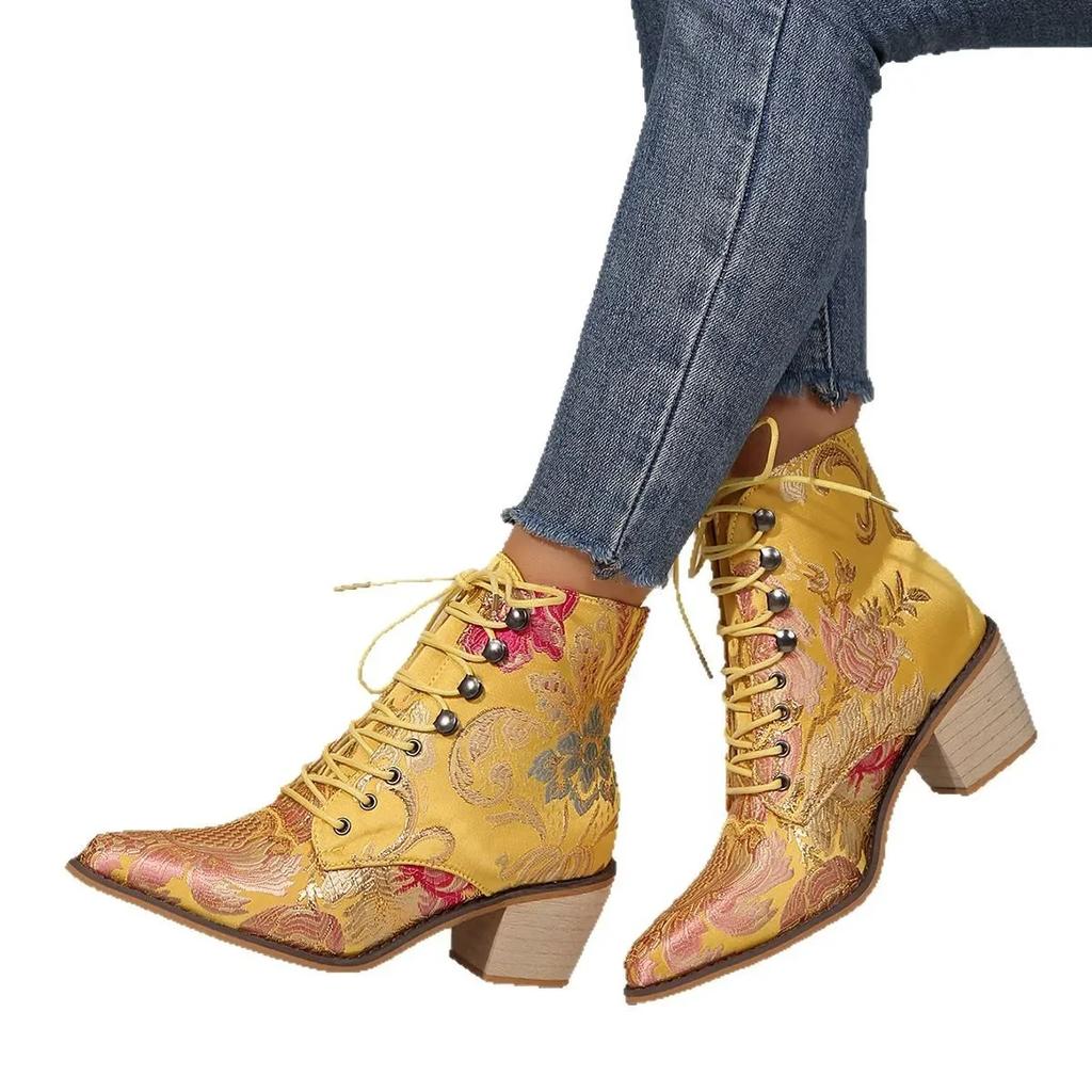 Large Size Embroidered Ethnic Style Pointed Toe Short Boots Women's Shoes Fashionable High Heel Buckle Strap Ankle Boots