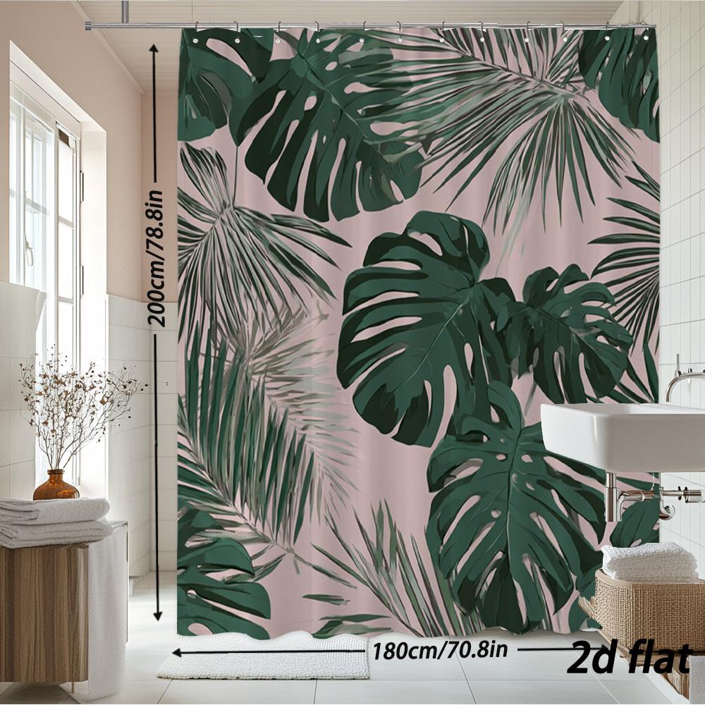 Tropical Leaf Shower Curtain – Pink Background With Monstera & Palm, 12 Hooks, 70.8×70.8 In, Polyester, Machine Washable