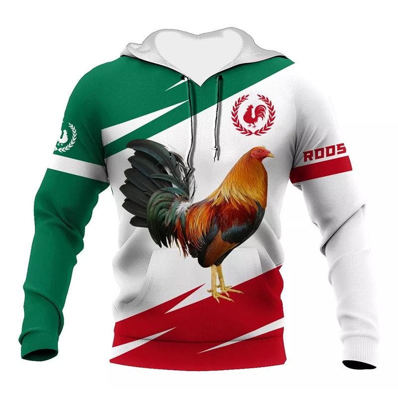 3D-Druck Mexikanische Flagge Hahn Hoodies für Männer Hahn Grafik Übergroße Pullover Lässig Langärmlig Kapuzen-Sweatshirts Streetwear