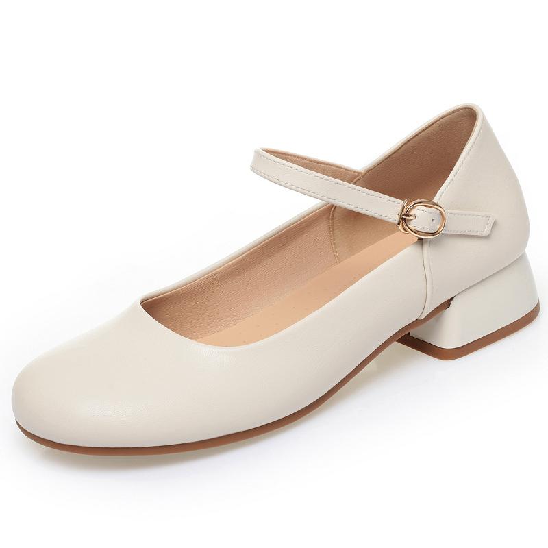 Fashion One-Line Button Mother Shoes Spring Autumn Square Toe Mary Jane Shoes Women's Single Shoes Work Shoes Leather Shoes Comfortable