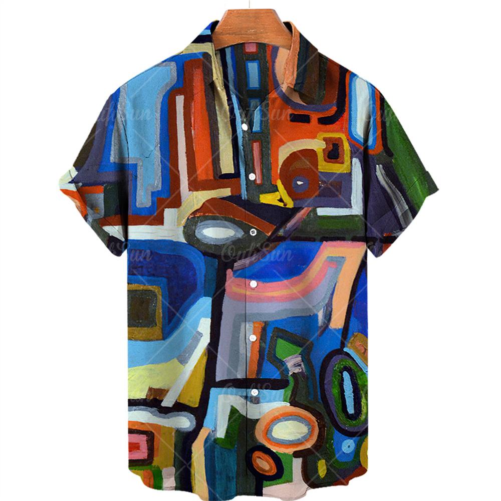 Summer 3d Graffiti Oil Painting Printed Shirt Men Fashion Streetwear Hawaiian Beach Casual Lapel Men's Short Sleeved Shirt