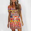 Women's Fashion Casual V-Neck Short Sleeve Drawstring Sequin Printed Dresses