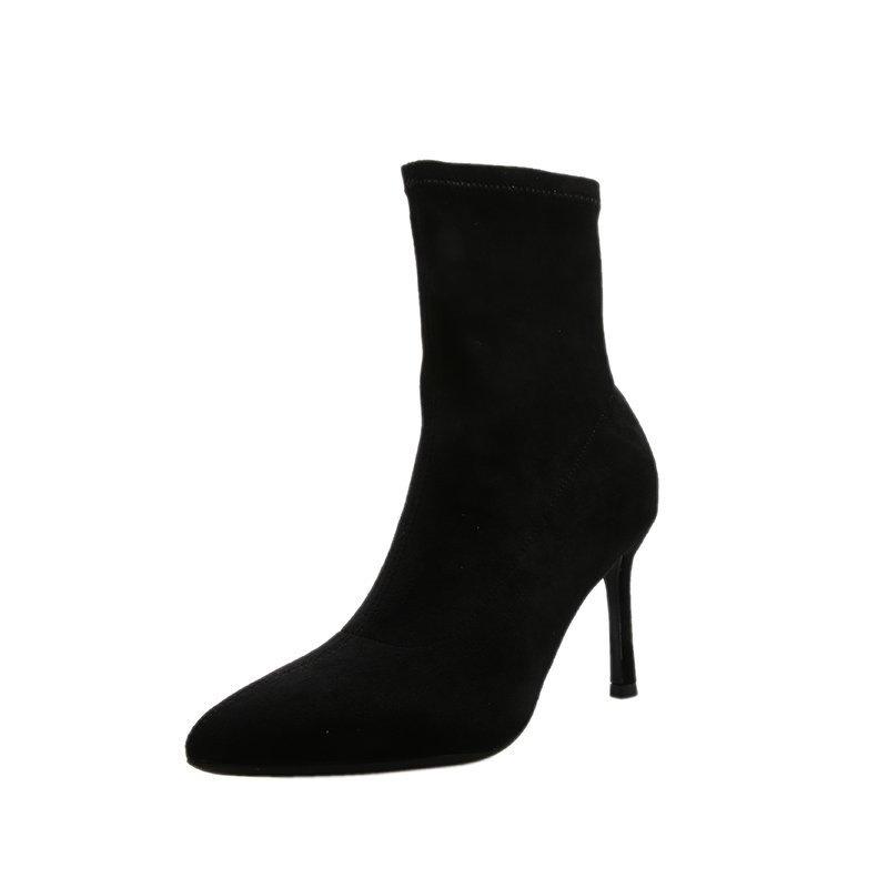 High Heels Pointed Short Boots Women 2025 Autumn and Winter Velvet Thin Heel Black Elastic Socks Boots Internet Celebrities Show Thin Boots Medium Tub