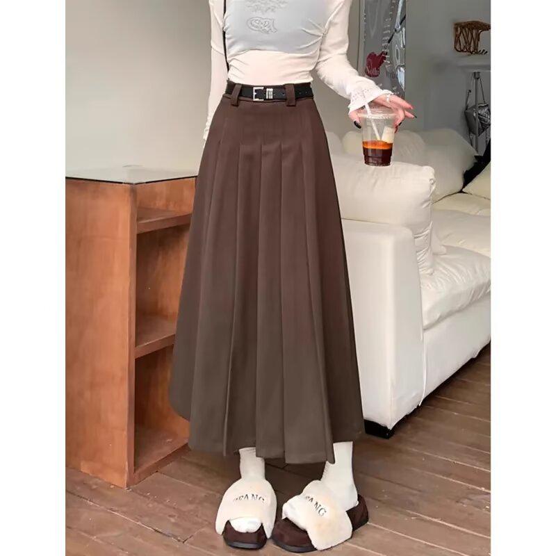 Plus Size Retro Woolen High Waist Pleated Skirt - Academic Style Fashion for Women XL коричневый