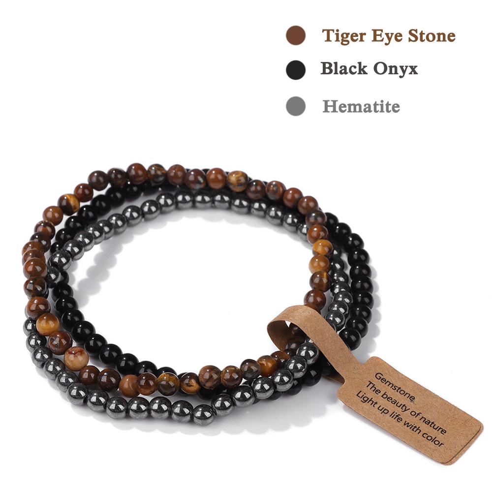 3Pcs/set Natural Green Stone Bracelet 4mm Moss Agates Black Onyx Cat Eye Beads Elastic Bracelets For Women Men Simple Jewelry