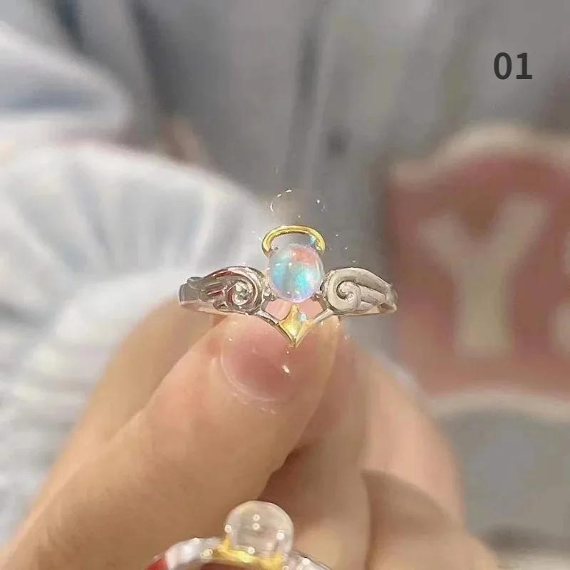 Angel and Demon Couple Cartoon Ring Moonlight Stone Gift for Male and Female Friends Opening Ring Adjustable Lovers Jewelry Gift