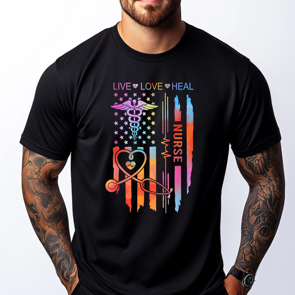 Live Love Heal Nurse Flag Stethoscope Heartbeat T-shirt