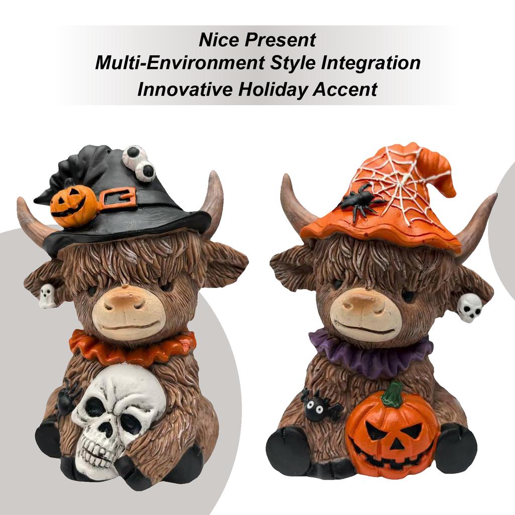Halloween Highland Cattle Statue Resin Figurine Brown Cattle Statue Spider Pumpkin Highland Cow Figurines Table Shelf Decor