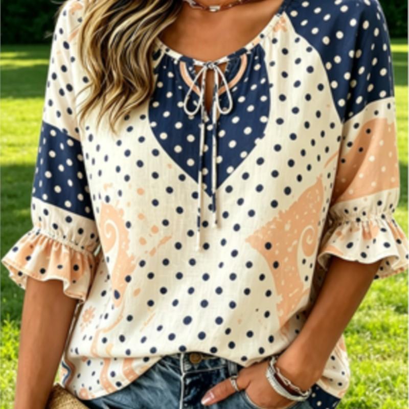 Women s Navy Polka Dot Paisley Patchwork Tie V Neck Ruffle 3/4 Sleeve Sweet Loose Daily Blouse S