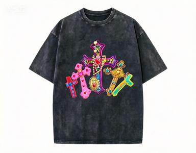 2026 new Washed Cotton Tshirt with Colorful Cross Print Casual Gothic Streetwear Top