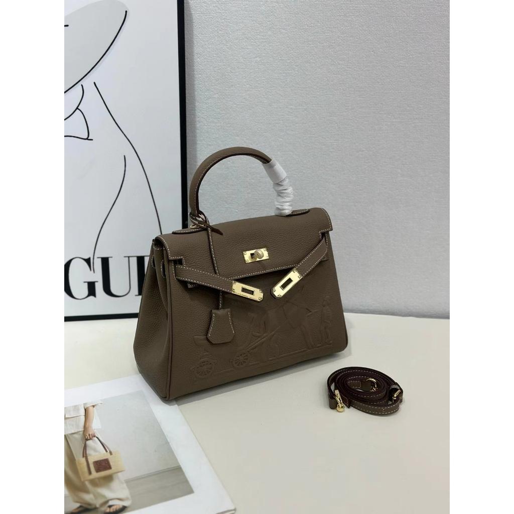 24 European and American Retro Horse Head Platinum Bag Leather Women's Bag Crossbody Bag Versatile Top Layer Bag Cowhide Bag 2024 Handheld