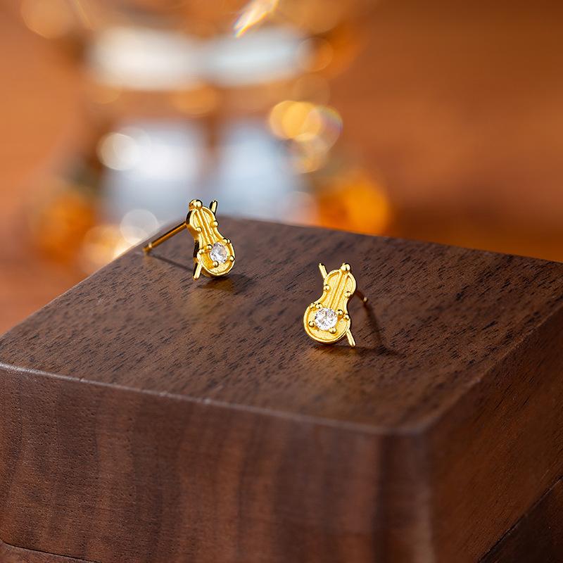 French Light Luxury Violin Stud Earrings Femininity Niche Design Sense Zircon Music Notes