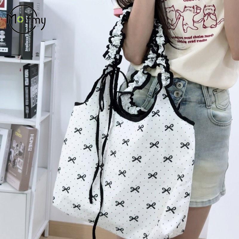 

Сумка женская с принтом в горошек и бантиком, большая вместимость, на плечо, роскошная, сказочная, для работы, холщовая, корейский стиль, милая, городская сумка 25X30X7cm бежевый