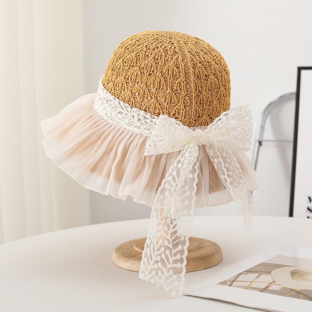 Summer Lace Bow Wide Brim Sun Hat Women Crochet Pattern Ruffled Tulle Brim Sun Protection UV Beach Hat