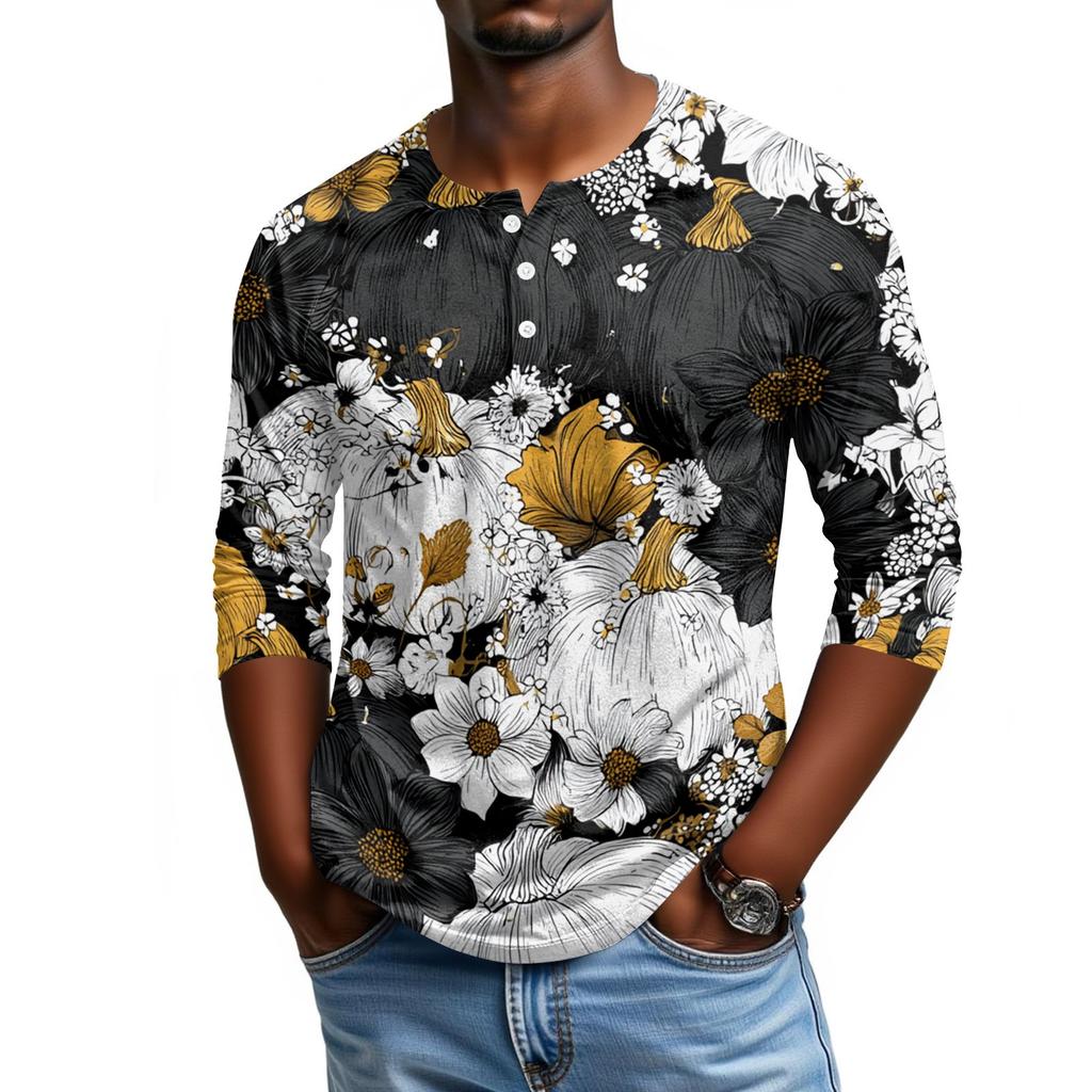 Men's Casual Halloween Print Henley Shirt Raglan Three Quarter Sleeve Top Comfortable Fit Lightweight Fabric