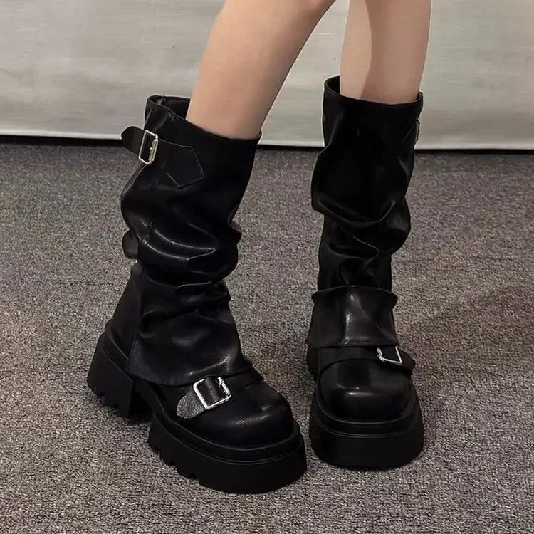 Mid Length Boots for Women 2025 New Style Thick Soled Height Increasing Short Boots, Fashionable Retro Anti Slip Leather Boots