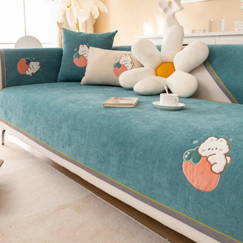Cartoon Rabbit Sofa Cushion Non-Slip Thickening Sofa Cover Cushion Chenille Living Room Sofa Cover Universal Solid Color Mat