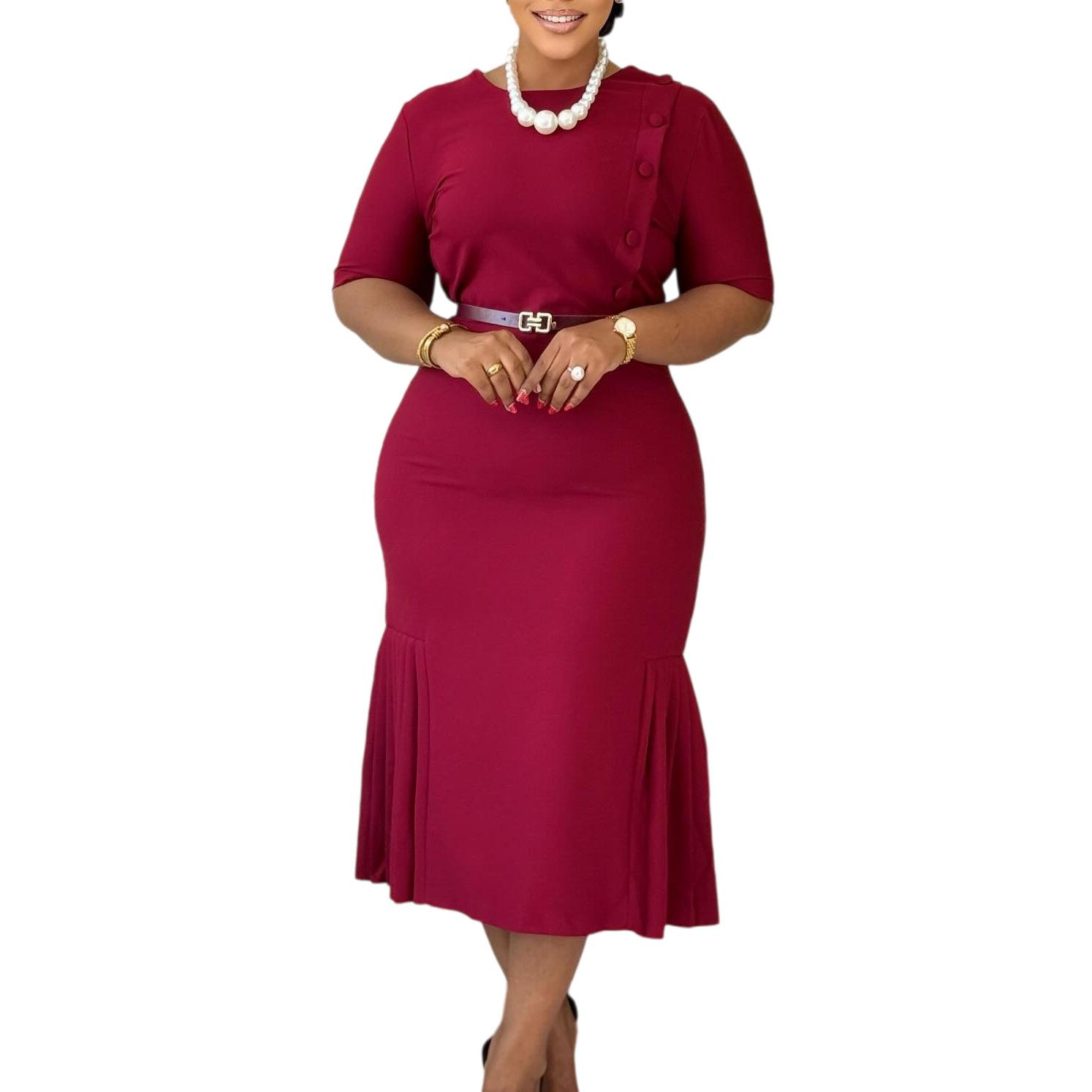 Women Short Sleeve Mermaid Midi Dress Elegant Solid Color Bodycon Casual Work Office Dress S