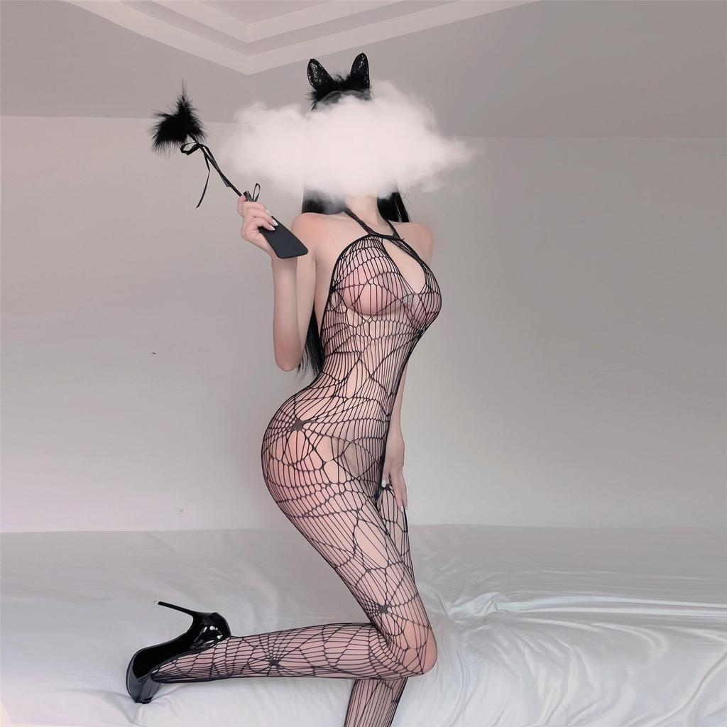Open Crotch Jacquard Fishnet Bodysuit Set with Tearable Stockings