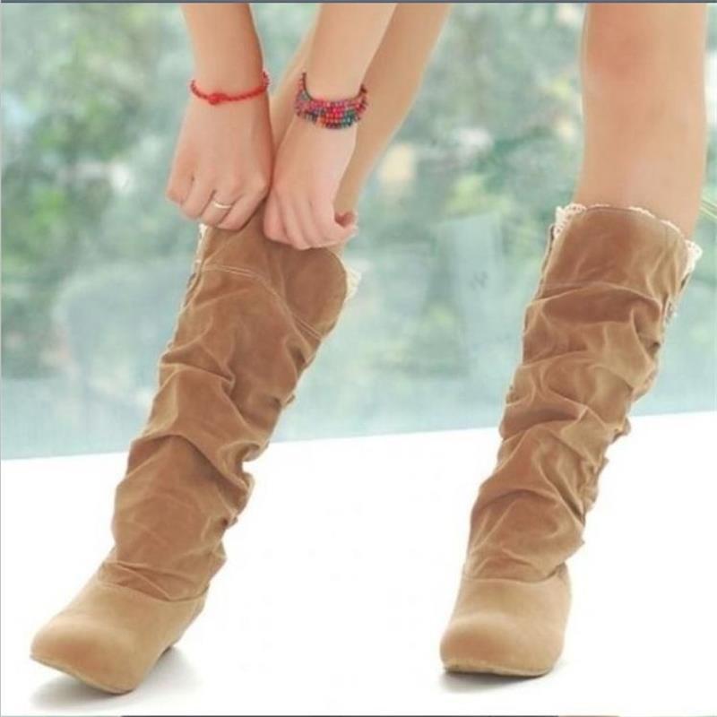 Plus Size Matte Mid-Calf Flat Heel Lace-Up Wrinkled Women's Boots