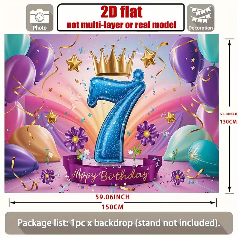 2D Happy 7th Birthday Backdrop Purple Teal Balloon Party Photo Banner