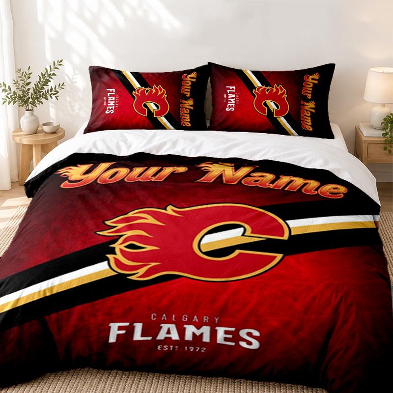 Calgary Flames Custom Name 3pc set Perfect for bedroom use Comfortable bedding set includes a duvet cover and two pillowcases Ideal birthday or Christ