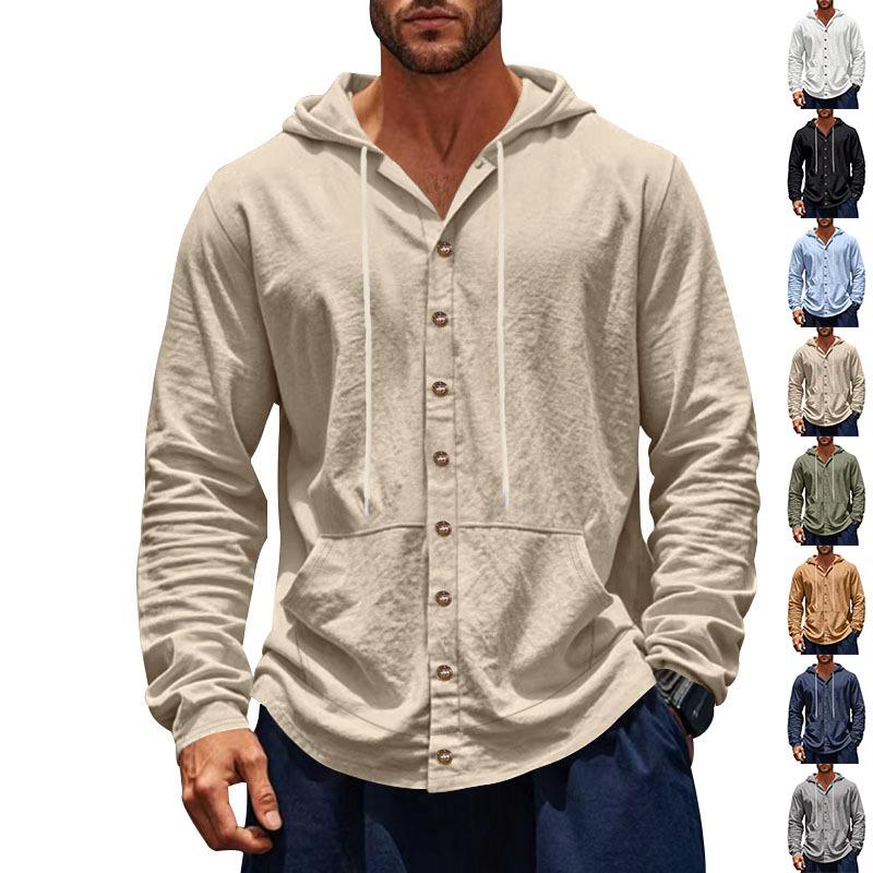 

Spring Autumn Loose Men s Shirt Loose Linen Casual Simple Hooded Long Sleeve Lining Single Breasted Button S білий