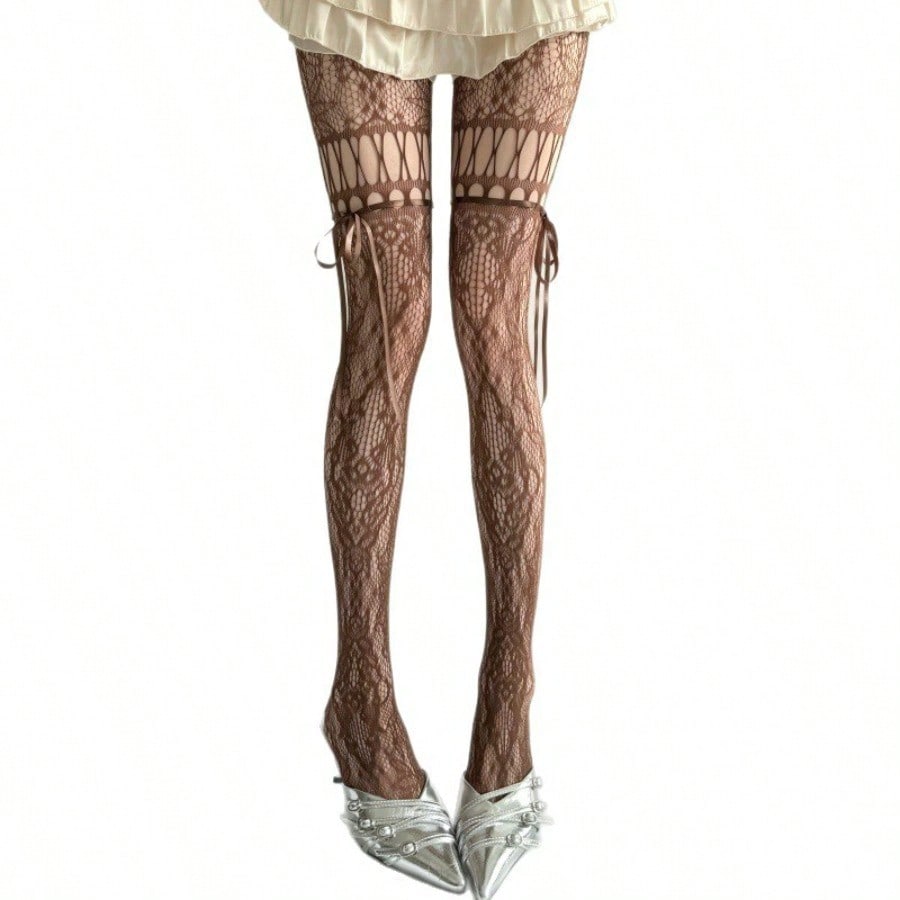 Retro Frühling und Sommer Hohl Spitze Schleife Netz Damen Socken Lange Röhrensocken Spicy Girl Jahrtausend Stil Strumpfhosen Seilnetz Strümpfe one size brown