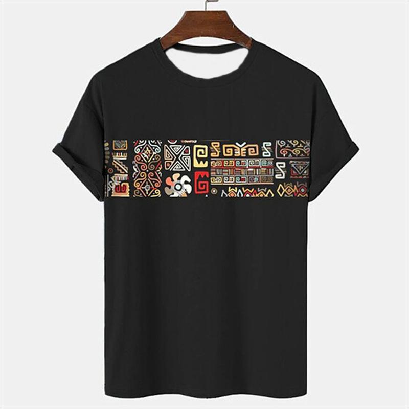 Pánské tričko s kmenovým etnickým vzorem, barevné prošívání, 3D potisk, letní ležérní top s kulatým výstřihem, krátký rukáv, volné tričko