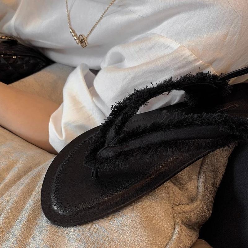 Shoes fashion silk rough edge flat bottom toe leather soft sole sandals women's wear