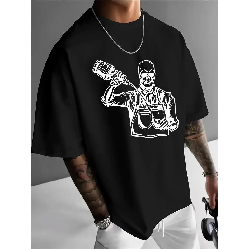 

European sizes Men s Gothic Bartender Print T-Shirt - Bartender & Skull Short Sleeve Round Neck Summer Casual Tee Suitable for Bartenders, 4XL