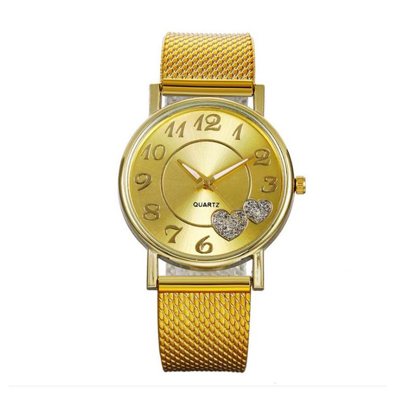 

Женские часы с сеткой и двойным сердечным циферблатом Женские часы Повседневные кварцевые часы 3 золотой