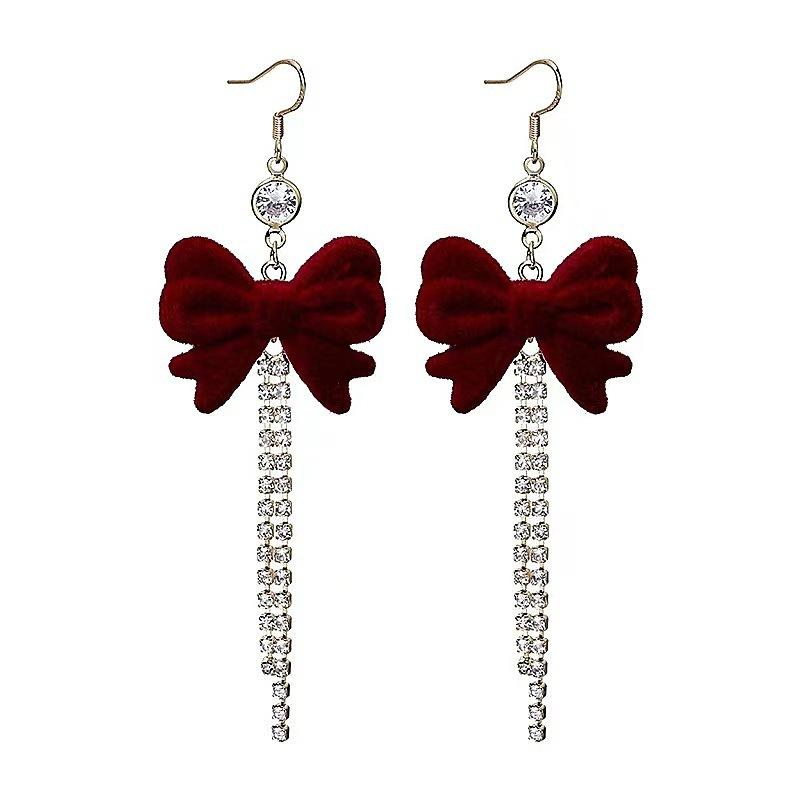 Red Flocking Bow Earrings Light Luxury Temperament White Niche Stud Earrings Earrings Women