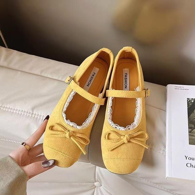 

Dopamine style ballet lace gentle versatile spring and summer soft sole retro Mary Jane shallow mouth single shoes 40 жёлтый