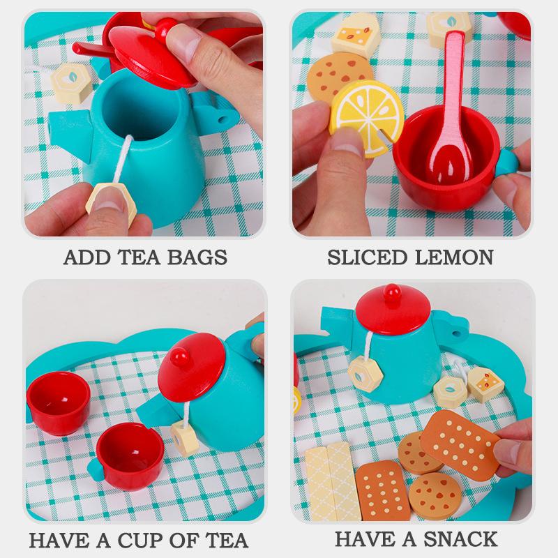 BABIBO Children's Simulation Play House Blue Afternoon Tea Cognitive Toys/food Tea Tableware Role-playing Wooden Toys