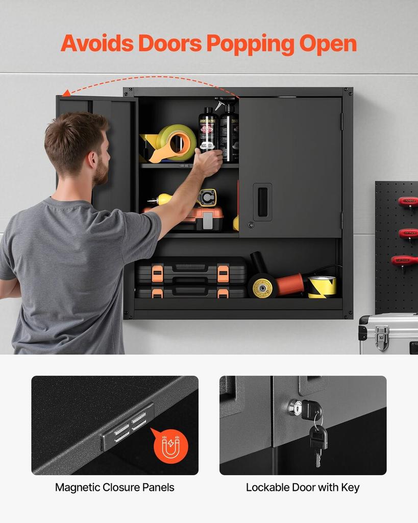 Metal Wall Cabinet, 76.2W X 30.5D X 76.2H Inch, Steel Floating Hanging Storage Cabinet with Locking Doors and Adjustable Shelf for Garage, Basement,
