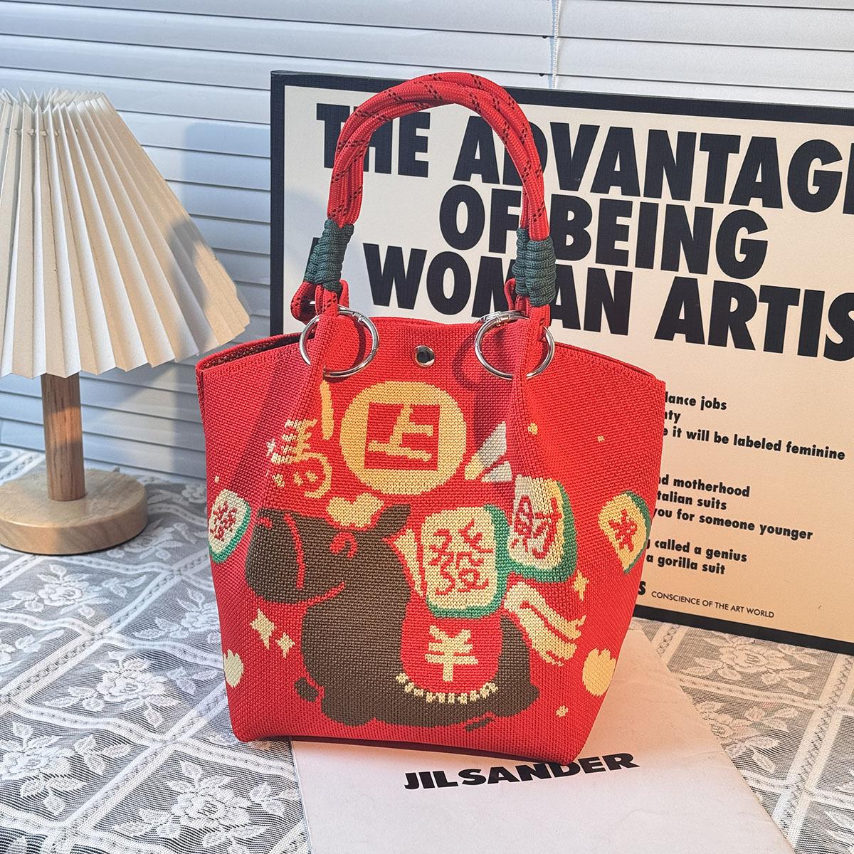 

Versatile 2026 Horse Year New Year Gift Bag Cartoon Chinese Style Bucket Bag Large Capacity Cute Knitted Handbag Spring Festival