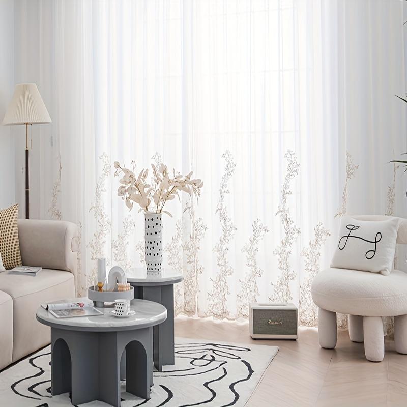 2pcs Modern High-end Floral Embroidered Sheer Curtains for Living Room, Bedroom and Balcony