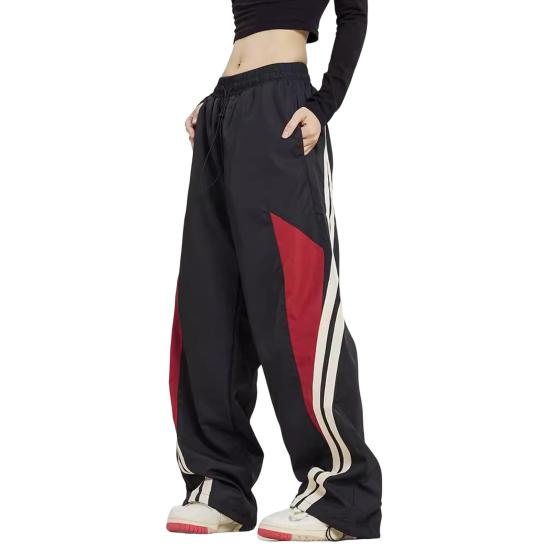 Damenhose, elastisch, hohe Taille, verstellbarer Kordelzug, weites Bein, vertikale Streifennähte, Retro-Streetstyle-Sporthose