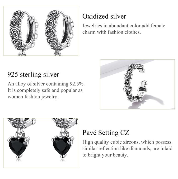 BAMOER 925 Sterling Silver Exquisite Black Zircon Rose Pattern Earrings for Women Fine Jewelry