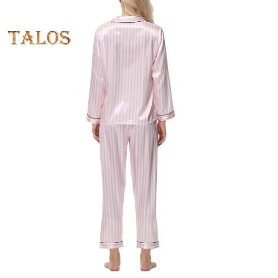 2-teiliges Pyjama-Set aus Seidensatin für Damen, Revers, Button-Down-Oberteil und Hose, gestreift, lockeres Schlafshirt und Hose mit elastischer Taille, Loungewear-Outfit