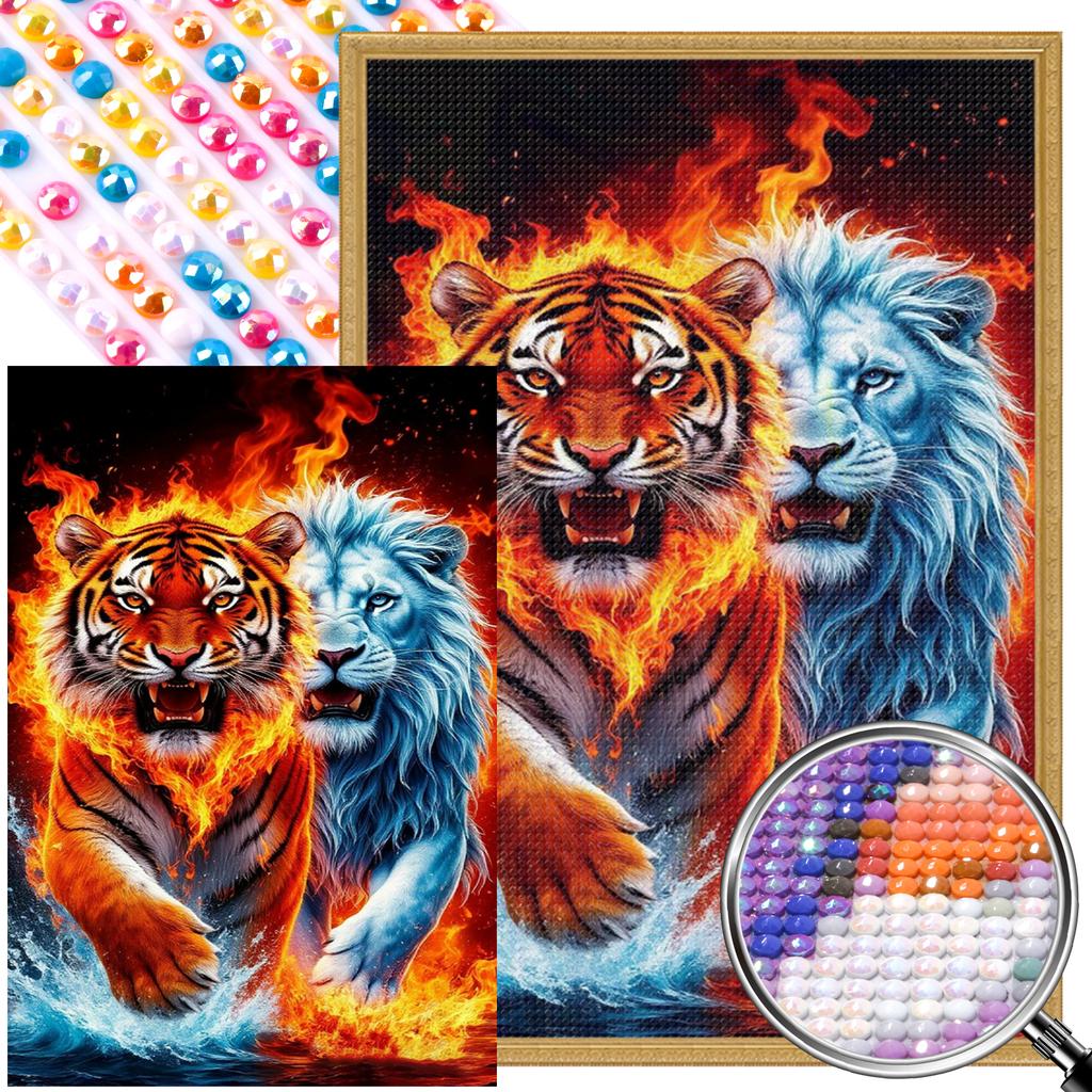 Lions And Tigers DIY Partial AB Full Round Drill Diamonds Dots Gem Art Kits for Adults Home Decor Diamond Dots Paintings 55x85cm