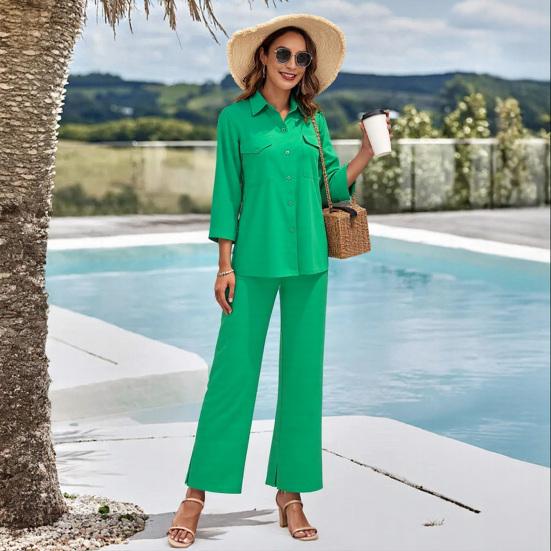 

Women s Cotton Linen 2 Piece Outfit Button Down 45720 Sleeve Shirts And Slit Wide Leg M чорний