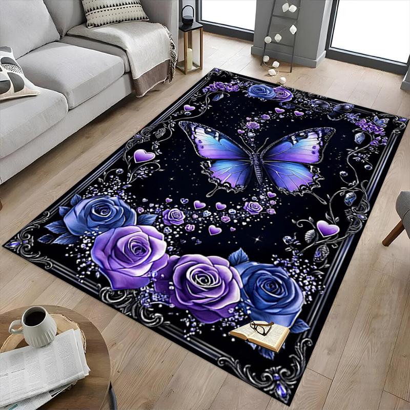 1PC Butterfly Roses Non-Slip Floor carpet, Office, family, bedroom, Studio - Large Area Rug, Decorative Mat, Longlasting Material-C0440