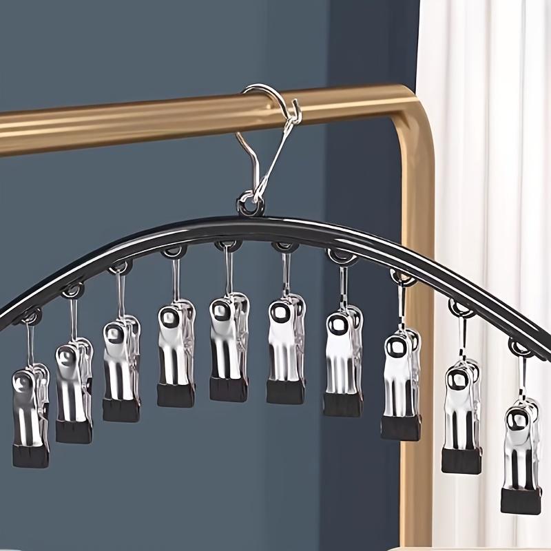 1 Stainless Steel Clothes Rack with 10 Clips for Drying Bottoms, Socks, Scarves and Belts for Home Organization for Bathroom, Bedroom, Wardrobe