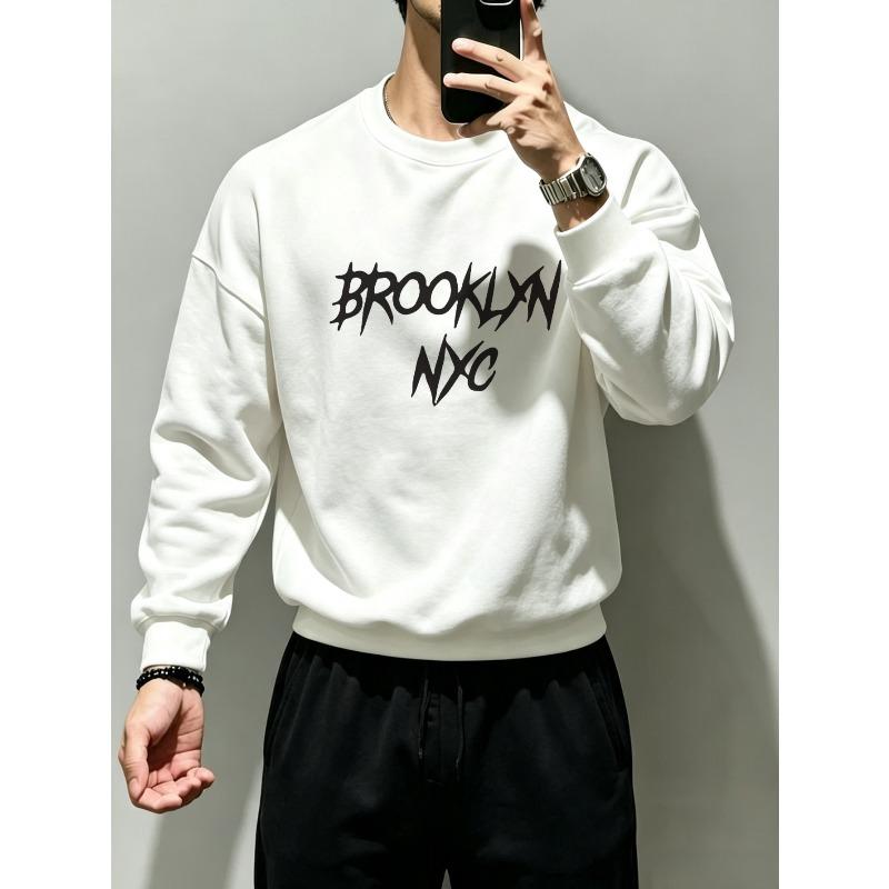 American Street Style Brooklyn NYC Punk Font Round Neck Sweatshirt, Men'S Loose Long Sleeve, Suitable for Hip-Hop, Street Outfits