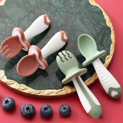 1 Set Baby Spoon Fork Silicone Children's Tableware Set Feeding Baby Tableware Learning Spoon Set Short Simple Spoon