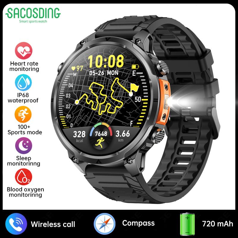 SACOSDING Smart Watch Men Outdoor Sports GPS Positioning Flashlight Altitude Air Pressure BT Calling Health Monitoring Smartwatch