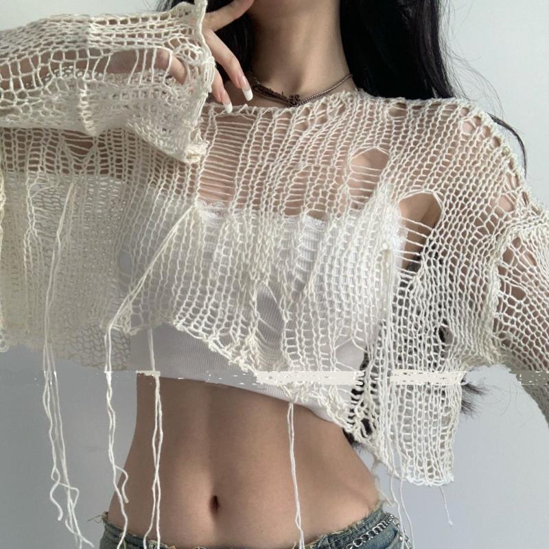 Versatile Maglione Lavorato a Maglia Stile Americano Versione Coreana con Buchi Grandi Intagliato Trasparente Vestibilità Larga Ragazza Piccante Pigro e Rovinato